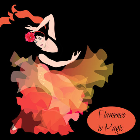 Spanish girl dances a flamenco with transculent manton in shape of flying bird on black background.のイラスト素材