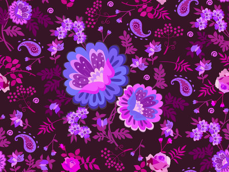 Seamless floral pattern in folk style. Bunch of garden flowers, leaves and paisley jn dark purple background.のイラスト素材