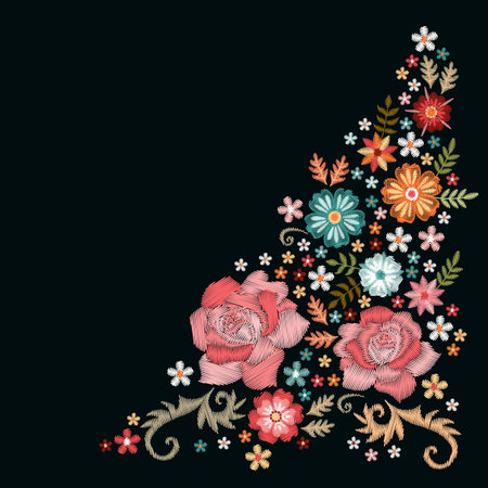 Floral embroidery. Composition with beautiful flowers. Template for greeting and invitations cards with place for text.のイラスト素材