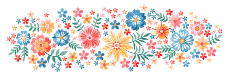 Horizontal pattern with colorful embroidered flowers on white background. Panoramic floral embroidery.のイラスト素材