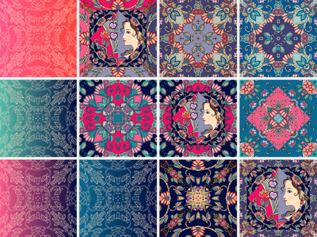 Set of ceramic tiles with abstract ornament, portrait of princess, flowers and leaves. Beautiful collection.のイラスト素材