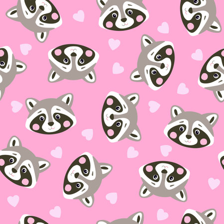 Cute seamless pattern with raccoons on pink background. Print for babies pajamas.のイラスト素材
