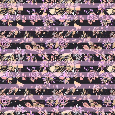 Seamless striped pattern with abstract plants on black background. Print for fabric.のイラスト素材
