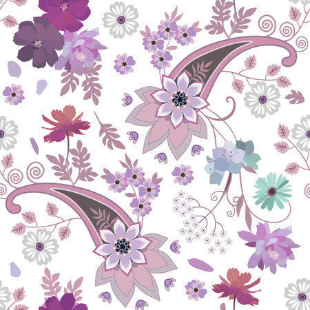 Gentle seamless ornament with paisley, mandala and bouquets of tender garden flowers on white background. Print for fabric, wallpaper.のイラスト素材