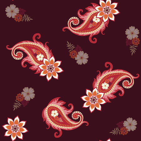 Elegant seamless pattern with mandala, paisley and flowers on dark purple background. Print for fabric.のイラスト素材