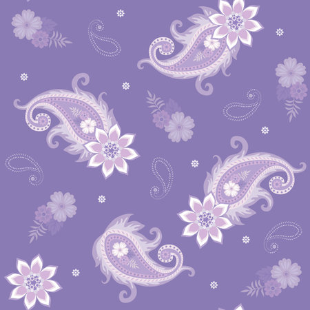 Seamless christmas pattern on light lilac background. Paisley-shaped snow whirls and mandala-shaped snowflakes.のイラスト素材