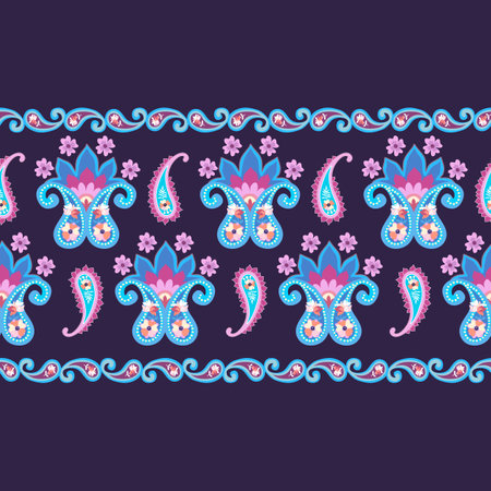 Horizontal seamless ornamental border with paisley and flowers on dark blue background.のイラスト素材