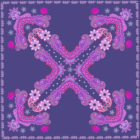 Bandana print with paisley ornament and flowers on lilac background. Fashionable accessory in ethnic style.のイラスト素材