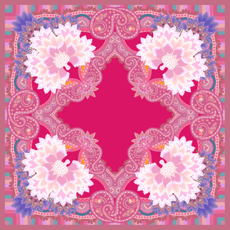Shawl or square carpet in ethnic style with fantasy flowers and paisley ornament on pink background.のイラスト素材