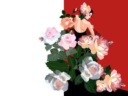 Flamenco dancer girl, dressed in black dress, with fan in her hand and and huge bouquet of rose flowers. Wedding invitation. Beautiful card in vintage style.のイラスト素材