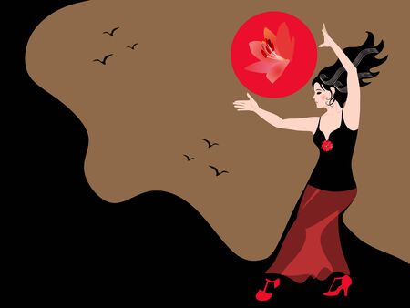 Girl dancing with the sun. Flamenco dancer dressed in a black and red dress, the hem of which turns into mountains against the background of a golden sky with flying birds. Beautiful card, poster.のイラスト素材