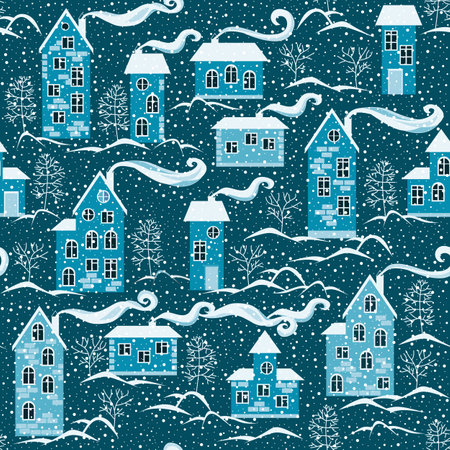 Winter seamless pattern with snowfall in village. Houses and trees in blue cold colorsのイラスト素材
