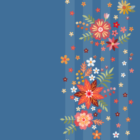 Embroidery pattern. Vertical seamless line with colorful flowers on blue background. Template for greeting and invitations cards with place for text. Fashion design.のイラスト素材
