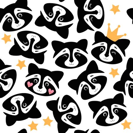 Cute seamless pattern with raccoons on white background. Print for fabric.のイラスト素材