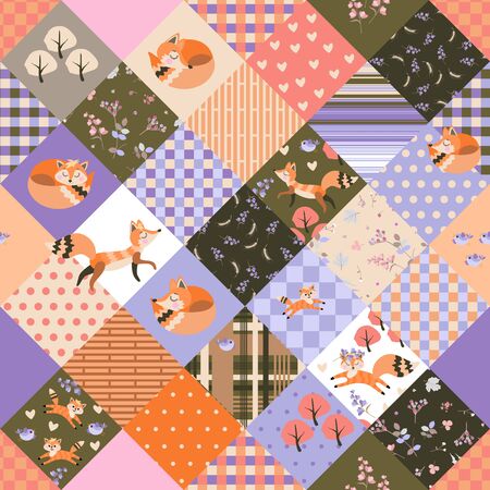 Cute seamless patchwork pattern with foxes, birds, flowers and trees. Quilting designのイラスト素材