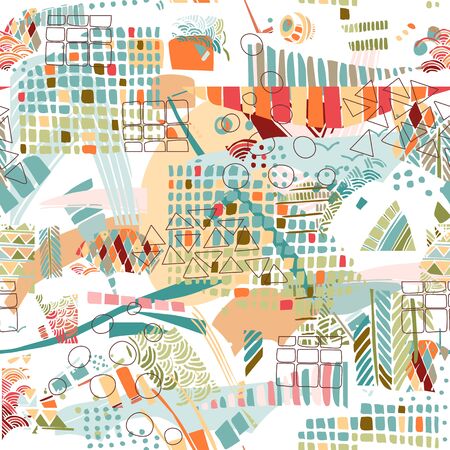 Abstract seamless pattern with colorful stains and shapes. Fashion design.