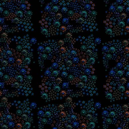 Flowers at night. Embroidery seamless pattern with floral ornament on black background.