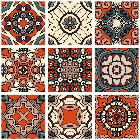 Set of nine square ceramic tiles with decorative ornament. Seamless pattern.のイラスト素材