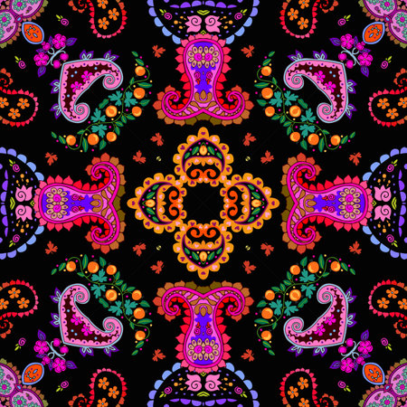 Bright colorful seamless pattern with ethnic ornament. Fashion bandana print. Cushion, napkin, doily, rug. Square tile design.のイラスト素材