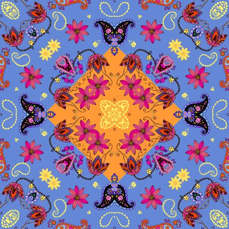 Colorful seamless pattern with flowers and paisley. Design for fabric, textile, wrapping. Pillowcase, napkin.のイラスト素材