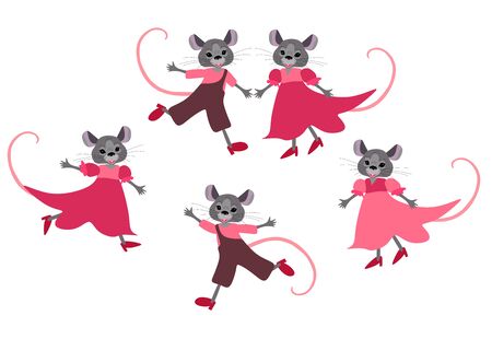 Set of cute mouses in clothes isolated on white background. Symbol of 2020 year. Chinese New Year.のイラスト素材