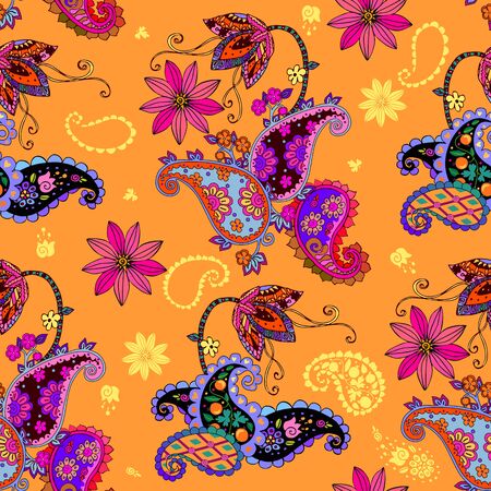 Beautiful seamless pattern with flowers and paisley. Print for fabric, textile, packaging. Fantasy ornament.のイラスト素材