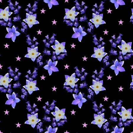 Beautiful seamless pattern with fantasy flowers of bellflowers and pink stars on white background.の写真素材