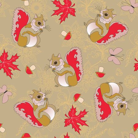 Squirrels, butterflies, maple leaves and mushrooms on floral background. Cute seamless pattern.のイラスト素材