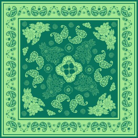 Beautiful bandana print with floral and paisley ornament in green colors. Print for scarf, shawl, kerchief.のイラスト素材