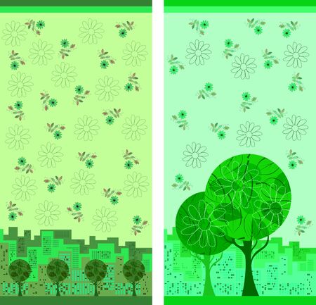 Beautiful vertical posters with trees and flowers on the background of city. Design in green colorsのイラスト素材
