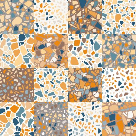 Terrazzo seamless pattern from square tiles with different ornaments. Patchwork design.のイラスト素材