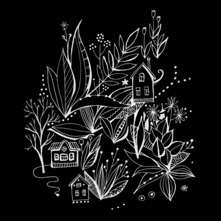 Fantasy town with houses among big flowers. Beautiful white drawing on black background.の写真素材