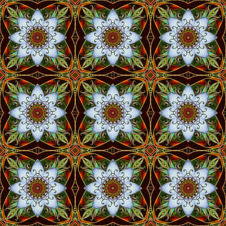 Repeat ornament with mandalas in the form of lotus flowers and green leaves on an orange-brown...