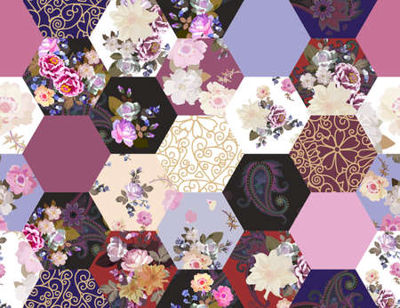 Patchwork seamless pattern from hexagonal patches with floral ornament. Print for fabric and textile.のイラスト素材