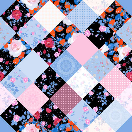 Patchwork seamless pattern with floral and geometric ornaments. Beautiful quilt design. Print for fabric and textile.のイラスト素材