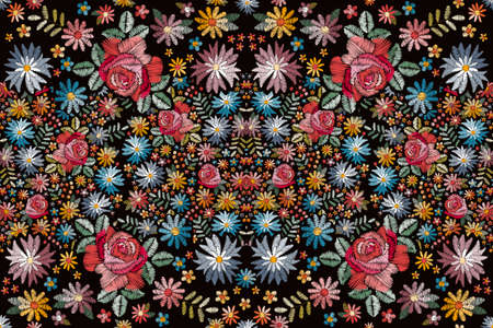 Embroidery seamless pattern with bright colorful flowers. Fashion design. Floral print for fabric.