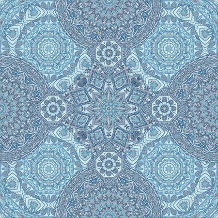 Lace seamless pattern in blue colors. Intricate ornament with mandalas. Print for fabric, textile,...