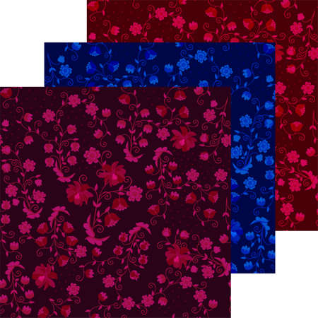 Beautiful collection of three seamless patterns with floral ornaments. Tapestry design with flowers. Vector set.のイラスト素材