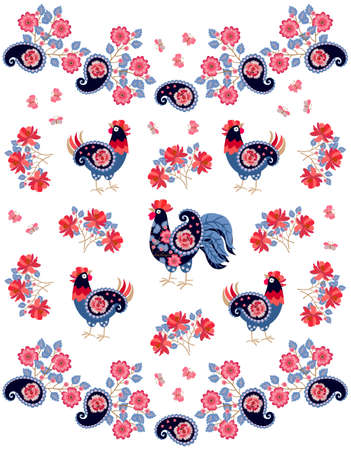 Patterned cockerels and hens with wings in the form of paisley, flying butterflies and bouquets of red flowers on a white background. Fabulous print for fabric, wallpaper. Russian folk motif.のイラスト素材