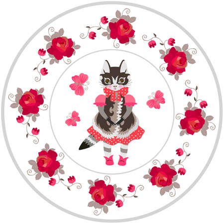Cute cat - girl in dress. Beautiful round pattern with kitten and floral frame. Lid for gift box, decorative plate.のイラスト素材