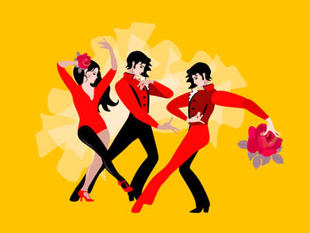 Beautiful young people - two men and one woman - dancing together. Romantic relationships, love, love triangle, psychology.のイラスト素材
