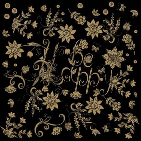 Beautiful card with floral ornament and word 'Happy'. Hand drawn flowers, leaves, berries, and lettering in vector.のイラスト素材