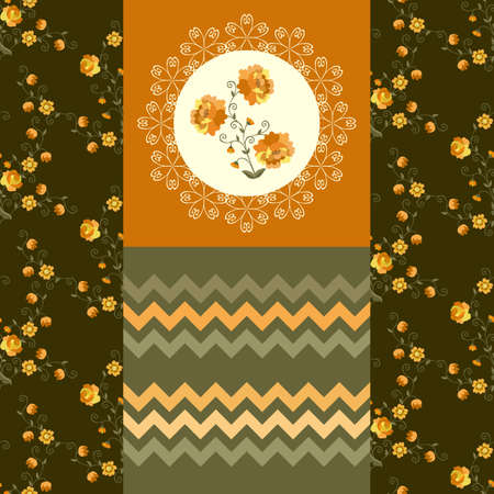 Beautiful collection of three matching fabrics. Print for t - shirt or pocket and two seamless pattern. Yellow roses on dark green background and chevron pattern against dusty green backdrop.のイラスト素材