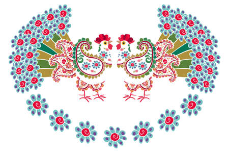 Fabulously beautiful white roosters with paisley-shaped wings and tails in the form of lush bouquets of blue flowers on a white background. Design element.のイラスト素材