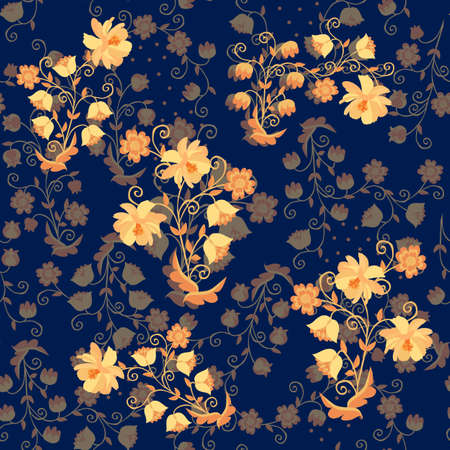 Floral seamless pattern with multilayer ornament with gold flowers on dark blue background. Beautiful print for fabric with russian motifs. Vector illustrationのイラスト素材