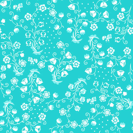 Exquisite floral ornament. Seamless pattern with white flowers and birds on light blue background.のイラスト素材
