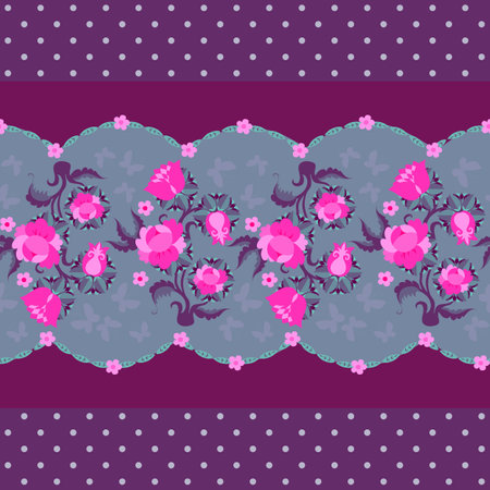 Seamless floral border. Beautiful pink roses and butterflies. Print for fabric. Vector design.のイラスト素材