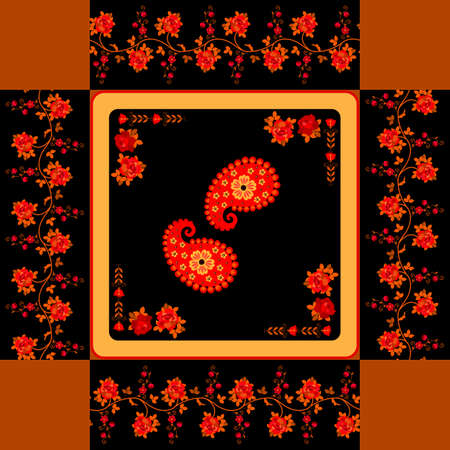 Template for square gift box in japanese style. Paisley and red flowers on black background. Packaging design.のイラスト素材