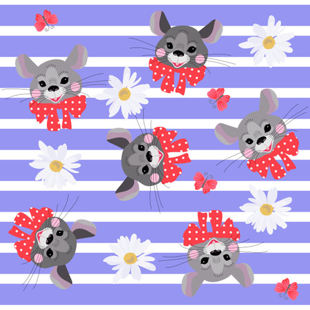 Cute faces of mice with red bows with white polka dots, pink butterflies and daisies on  blue striped background. Seamless pattern for baby.のイラスト素材