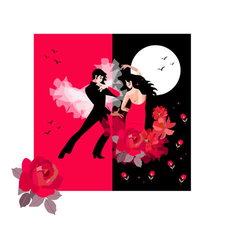 Young couple in love. Flamenco dancers. Girl dressed in long red dress with hem decorated with flowers, silhouettes of flying birds against night sky and moon. Man in black suit in front of red sunsetのイラスト素材